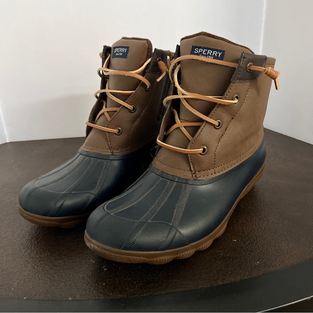 Women's Sperry Size 9 M Brown Navy Waterproof Rubber Boots STS84628